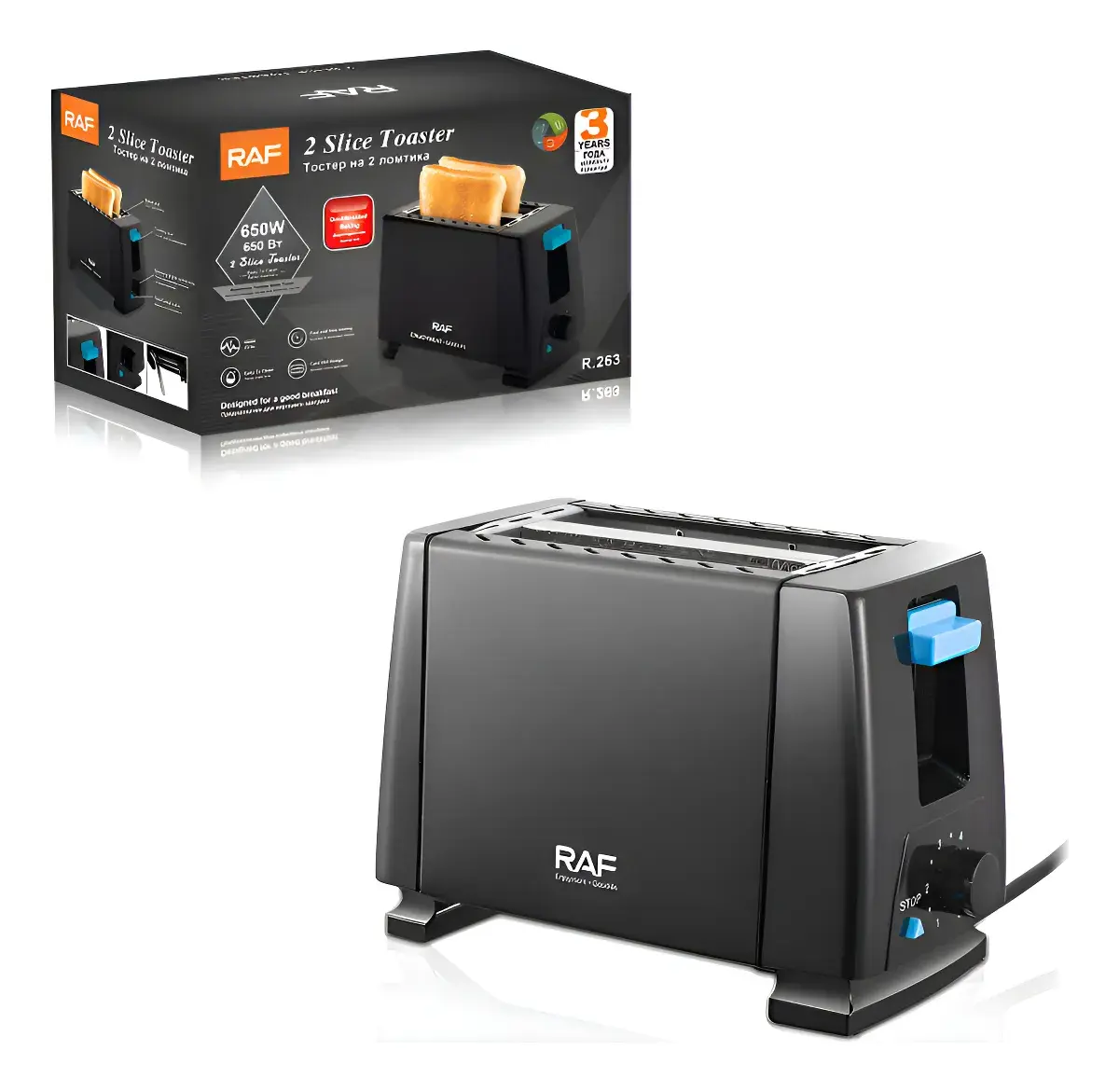 Tostador Para 2 Rebanadas Pan De Caja 650w Negro Raf