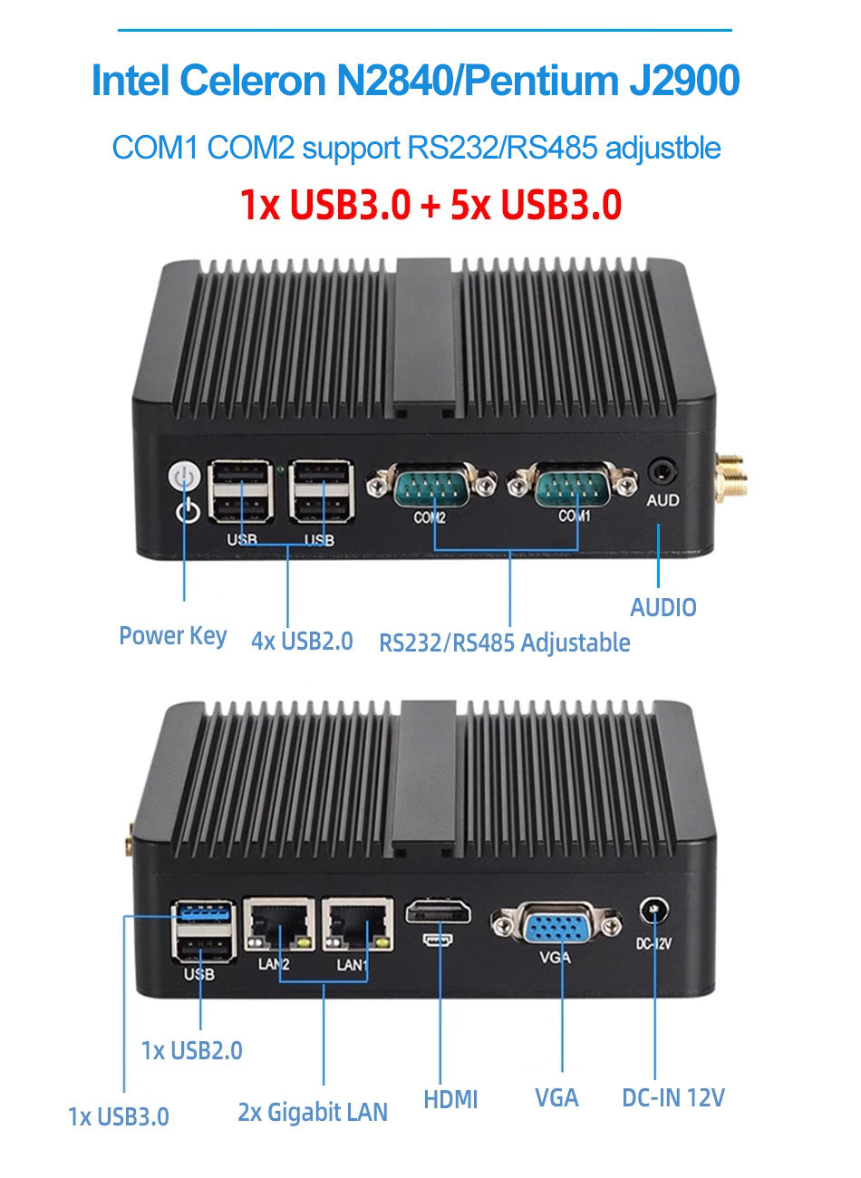 Thumbnail: XCY Fanless Mini PC Intel Celeron J6412 N5105 2x GbE LAN 2x RS232 HDMI VGA WiFi 