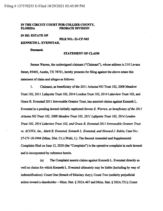 The first page of the 2021 Statement of Claim In Re: Estate of Kenneth L. Evenstad. 