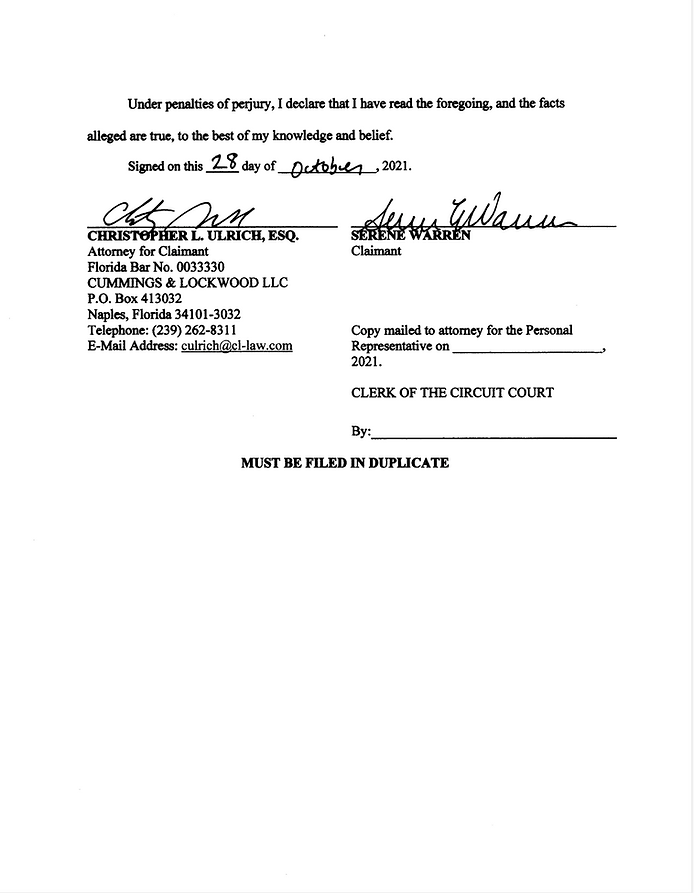The third and final page of the 2021 Statement of Claim In Re: Estate of Kenneth L. Evenstad.