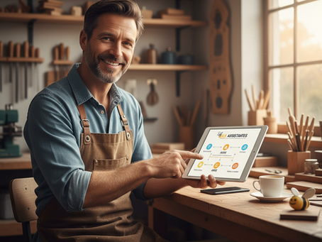 Un artisan souriant et barbu, vêtu d'un tablier en cuir, assis à son établi dans son atelier de menuiserie. Il tient une tablette numérique affichant un schéma clair sur les aides administratives (ACRE, ARCE, FAFCEA, CMA) avec le logo "Les Bee Assistantes". Une tasse de café et une petite abeille décorative sont posées sur la table