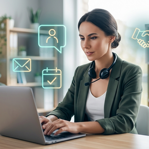 Assistante virtuelle concentrée travaillant sur ordinateur portable avec des icônes de communication digitale en arrière-plan, symbolisant le support à distance.