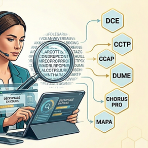 Infographie stylisée montrant une secrétaire indépendante en ligne, portant un casque, décryptant des acronymes techniques de marchés publics français (DCE, CCTP, DUME, CCAP, CHORUS PRO, MAPA) sur une tablette numérique avec une loupe, sur fond de motif nid d'abeille Bee Assistance.