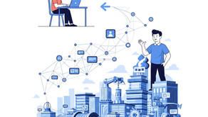 Illustration moderne représentant un entrepreneur passant d'un bureau individuel simple à un environnement commercial complexe et en pleine expansion, symbolisant le dépassement des plafonds de chiffre d'affaires et la croissance de son entreprise.
