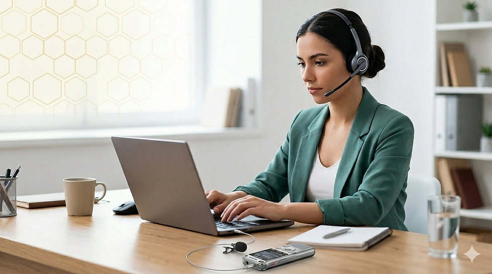 Photographie professionnelle en plan moyen d'une jeune femme assistante, en tenue d'affaires teal, concentrée et portant un casque audio, tapant rapidement sur le clavier de son ordinateur portable, sur un bureau épuré avec un motif nid d'abeille subtil en arrière-plan, illustrant l'action de retranscription audio