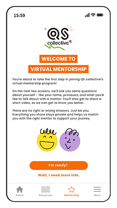 Mobile screen showing QS collective's virtual mentorship welcome. Includes bright yellow and purple faces, and buttons for readiness options.