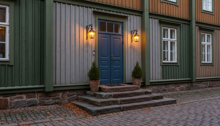 Eye-level view of a boutique hotel entrance in Old Porvoo with lanterns and wooden siding