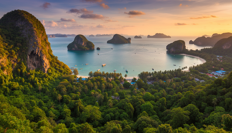 Wide-angle view from a Krabi viewpoint overlooking islands and forest at sunset.