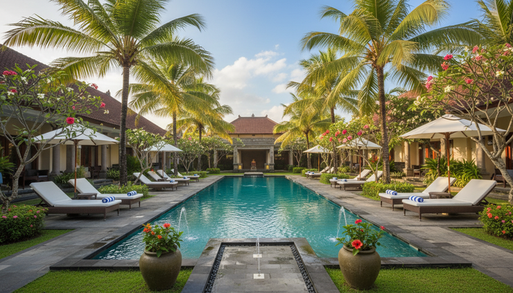 Wide-angle view of a relaxed hotel pool courtyard in Kuta with palm trees and lounge chairs