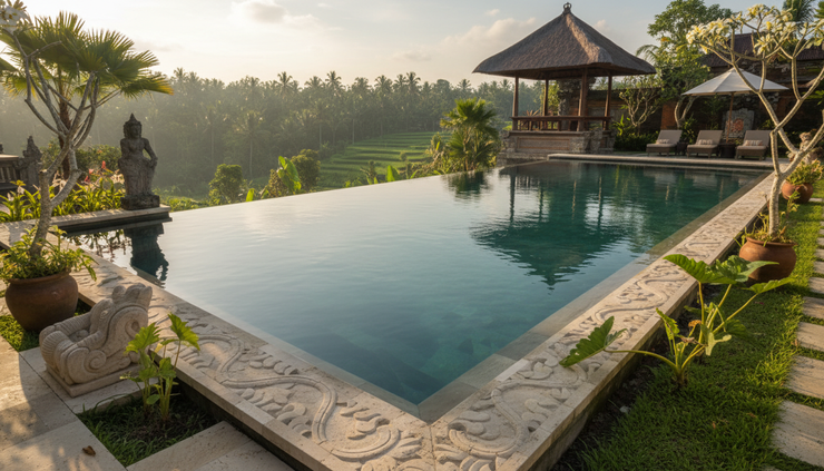 Close-up view of a serene infinity pool edge at a Balinese resort.