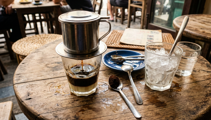 Overhead view of a phin filter dripping coffee into a glass with condensed milk