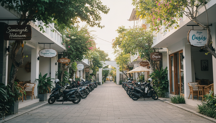 Eye-level view of a quiet Seminyak side street near tropical hotels and cafes.