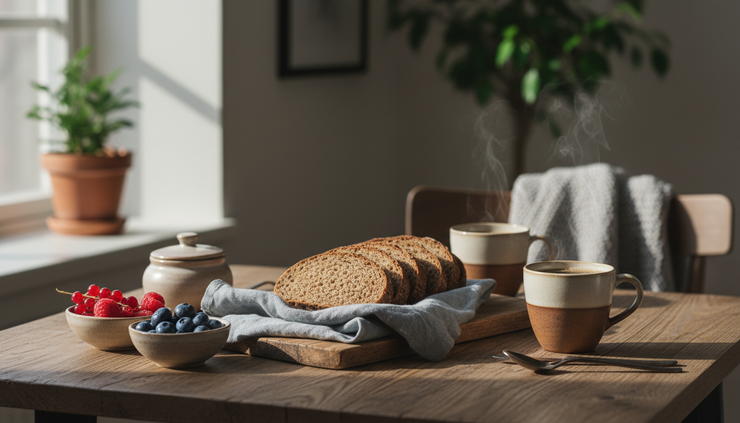 Close-up of a hotel breakfast table with rye bread, berries, coffee, and linen napkins