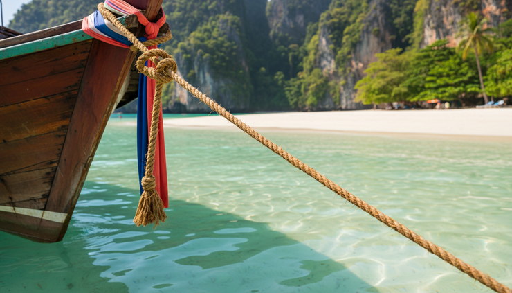 Close-up view of a wooden long-tail boat tied near clear shallow water on a Krabi beach