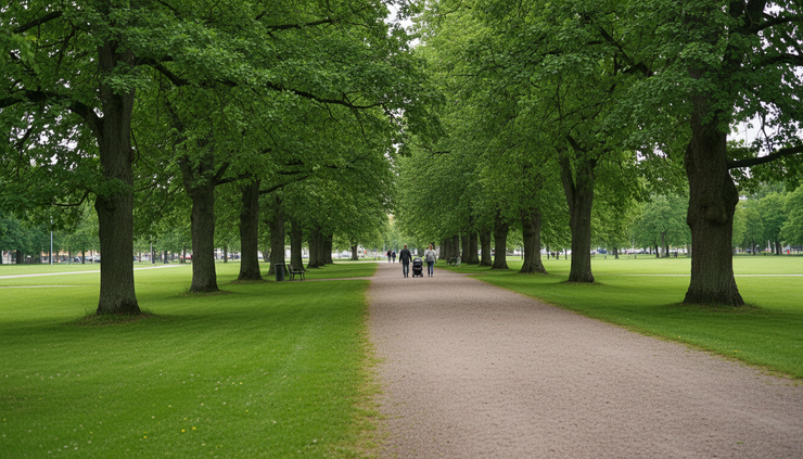 Wide-angle view of a quiet green park path in Kupittaa, Turku.