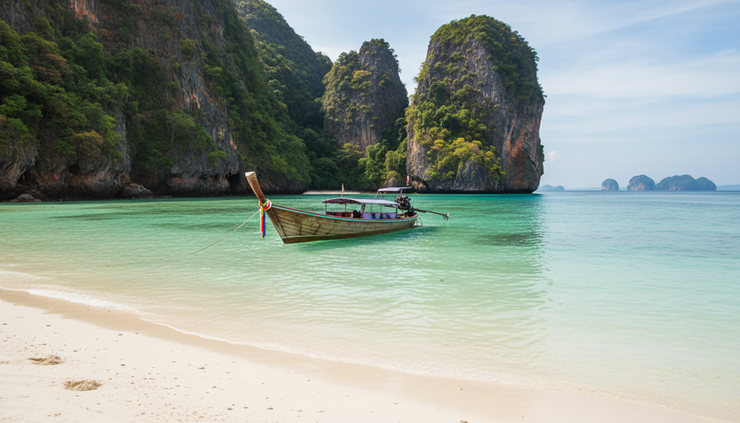 Eye-level view of clear shallow water wrapping around limestone cliffs on a quiet Thai island