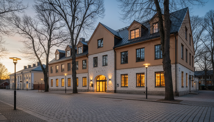 Wide-angle view of a Nordic hotel exterior in Porvoo with warm windows and soft evening light
