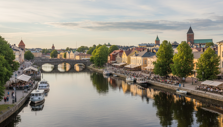 Wide-angle view of the Aura River with riverside buildings in Turku.