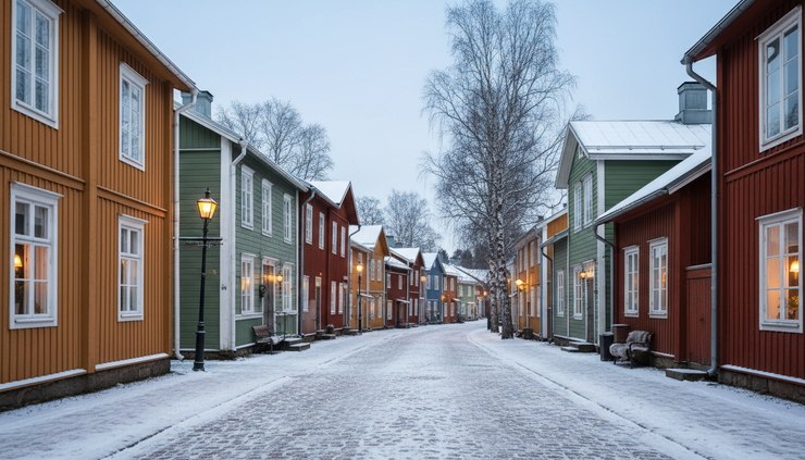 Wide-angle view of a quiet Porvoo street lined with wooden houses in soft winter light