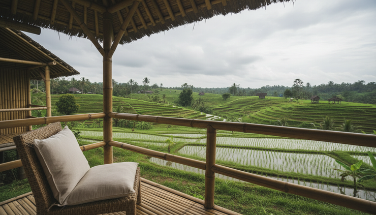 Close-up view of a bamboo villa balcony facing rice terraces in East Bali