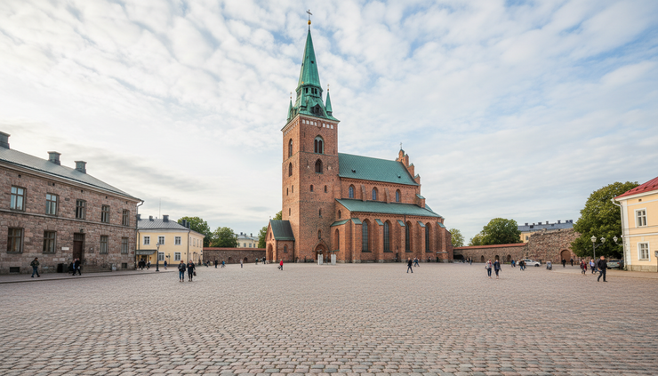 Eye-level view of Turku Cathedral rising above a quiet square.