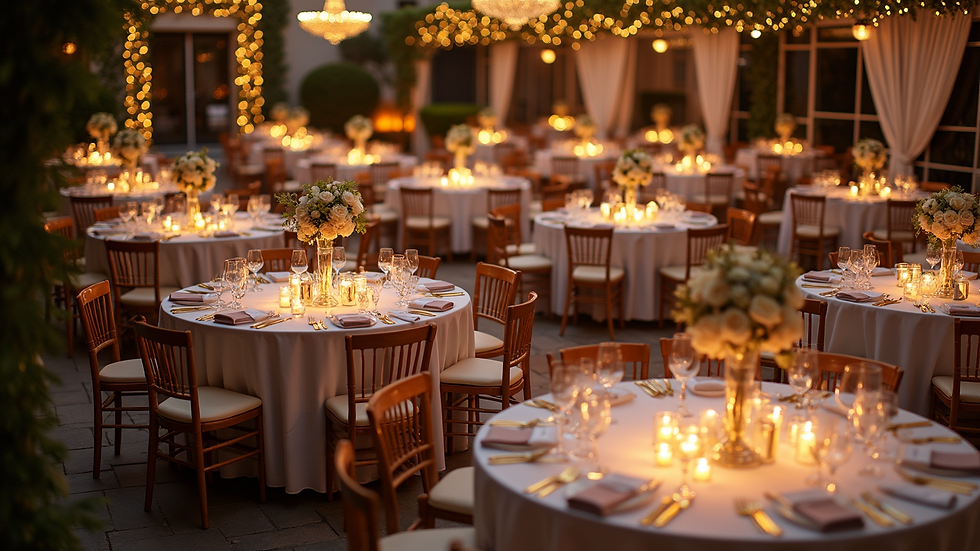High angle view of a wedding reception setup with tables and decorations