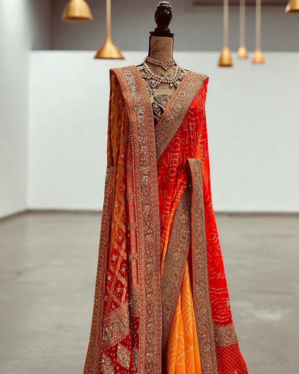 Thumbnail: Bandhej Marodi Saree with benarasi gharchola dupatta