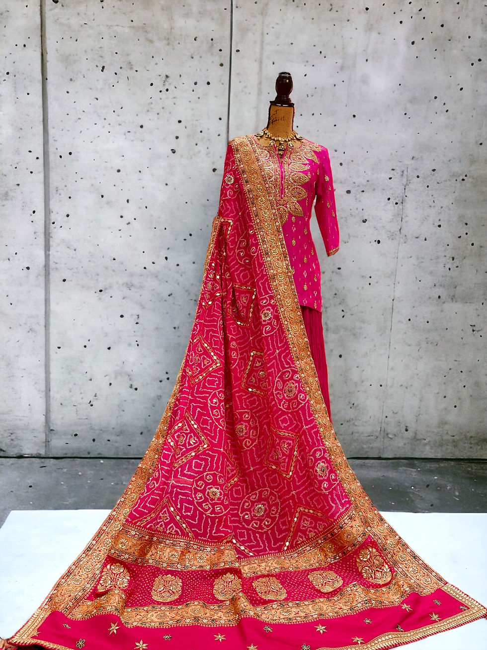 Thumbnail: Bandhej benarasi Lehenga in silk with gotapatti duoatta