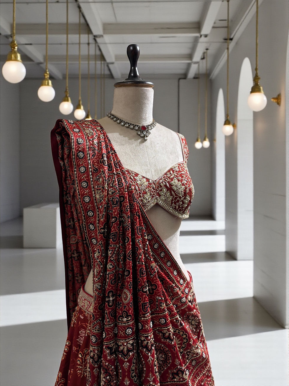 Thumbnail: Ajrakh Lehenga with zardosi embroidery 
