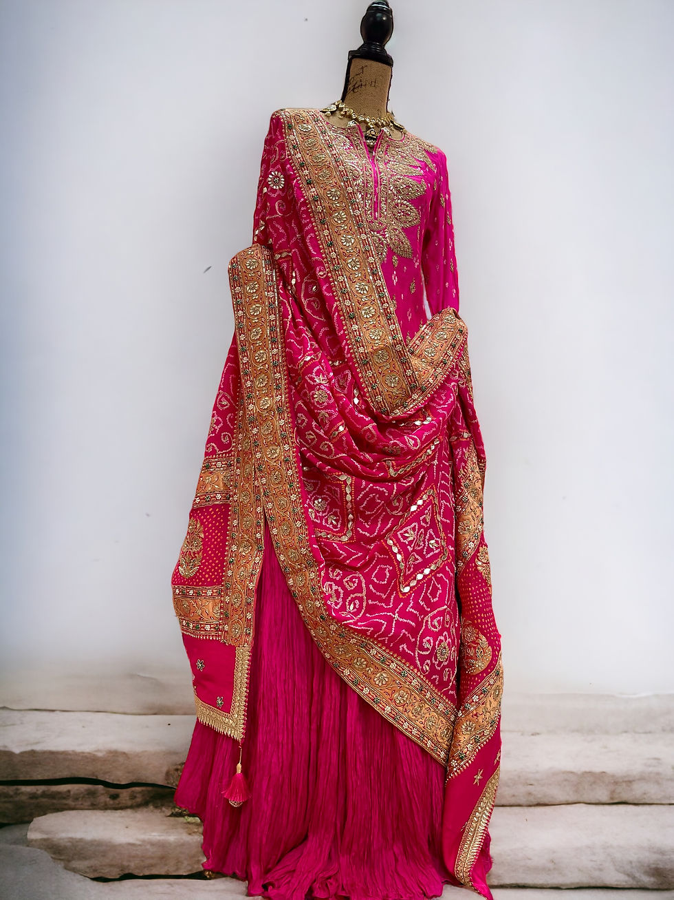 Thumbnail: Bandhej benarasi Lehenga in silk with gotapatti duoatta