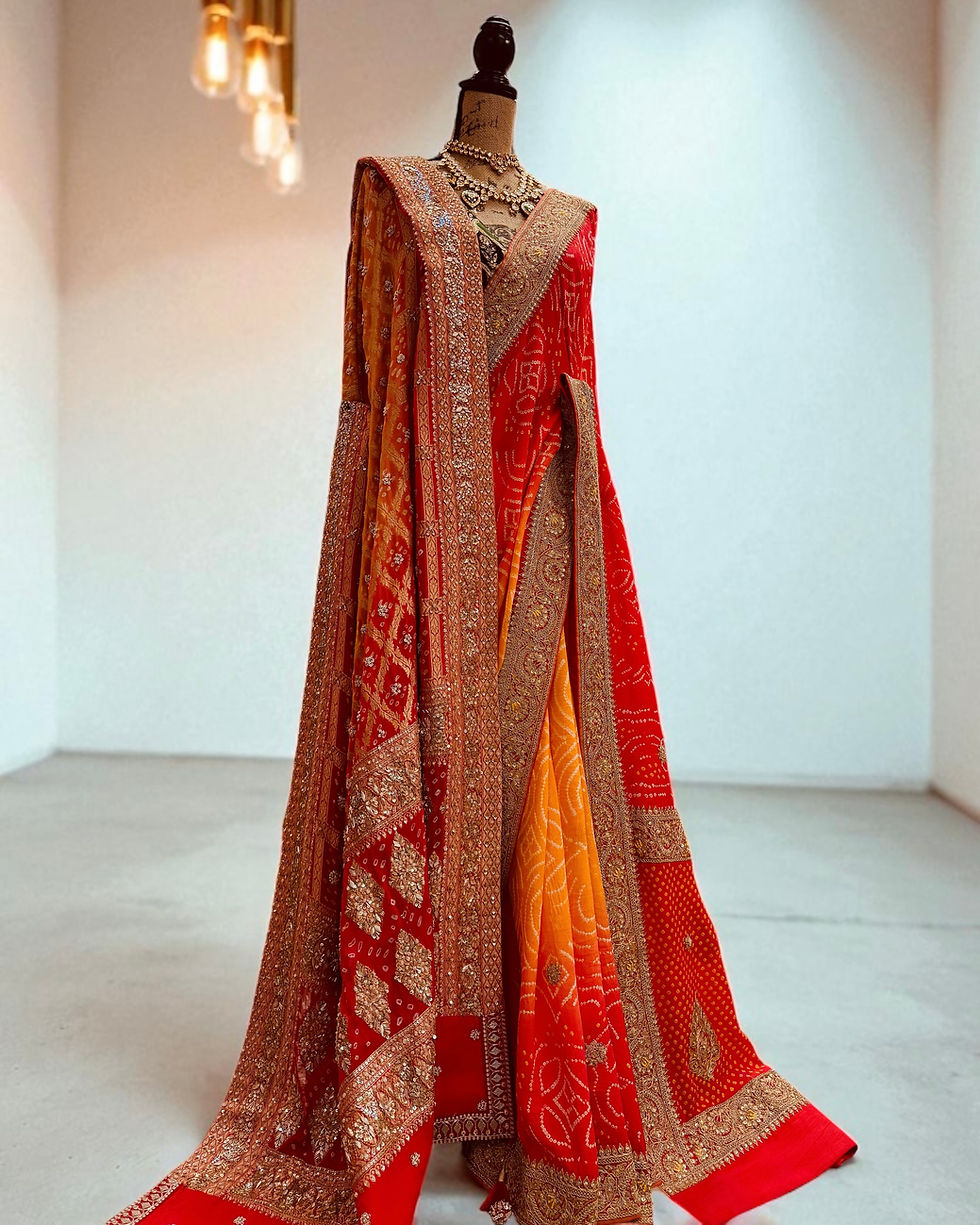 Thumbnail: Bandhej Marodi Saree with benarasi gharchola dupatta