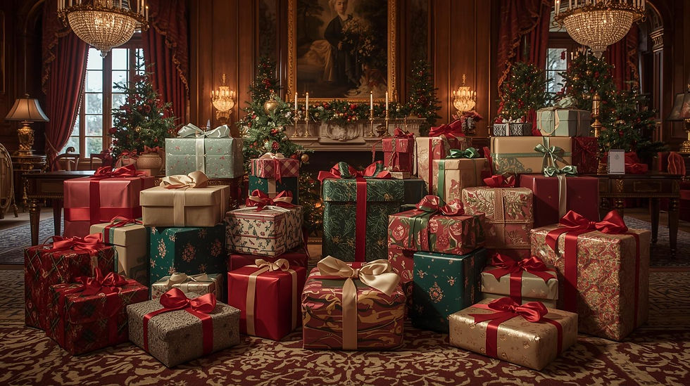 Beautifully prepared gifts (wrapped, with bow ties) in the Christmas mansion.jpg