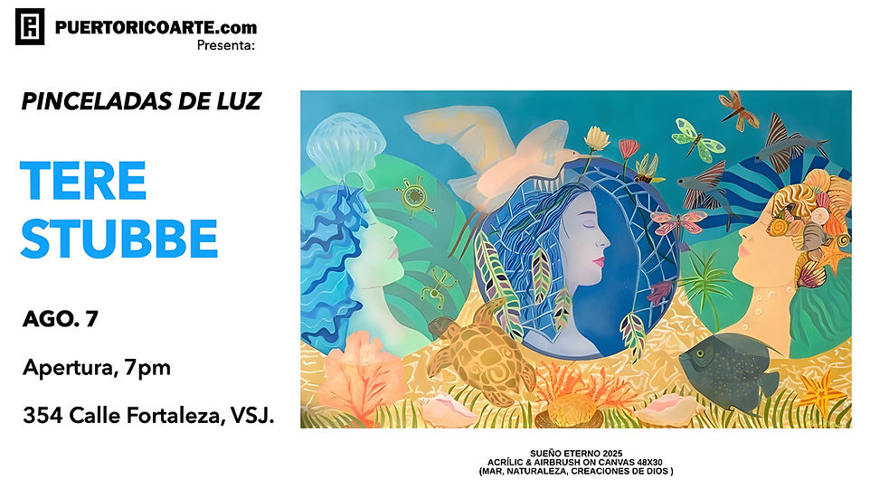 Colorful abstract painting by Tere Stubbe featuring layered Caribbean-inspired shapes and textures.