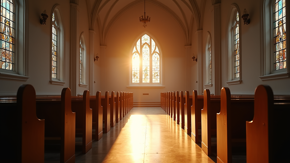 Eye-level view of a serene chapel interior with sunlight streaming through stained glass windows