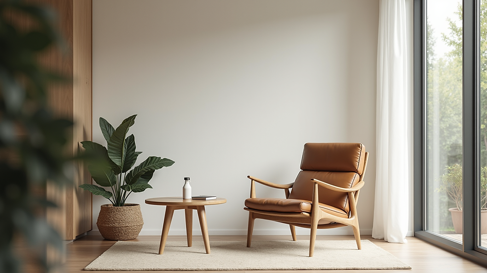 Eye-level view of a serene office space with a single comfortable chair and a small table