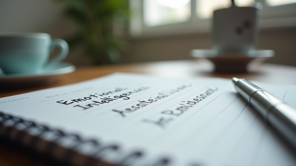 Close-up view of a notebook with emotional intelligence notes and a pen