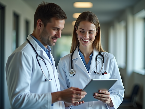 A professional looking healthcare professional smiling while reviewing financial reports o