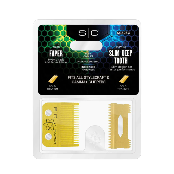 StyleCraft Clipper Blade Set - Gold Fixed Faper Blade with Slim Deep Tooth Cutte