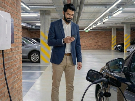 Carregador de carro elétrico em garagem de condomínio