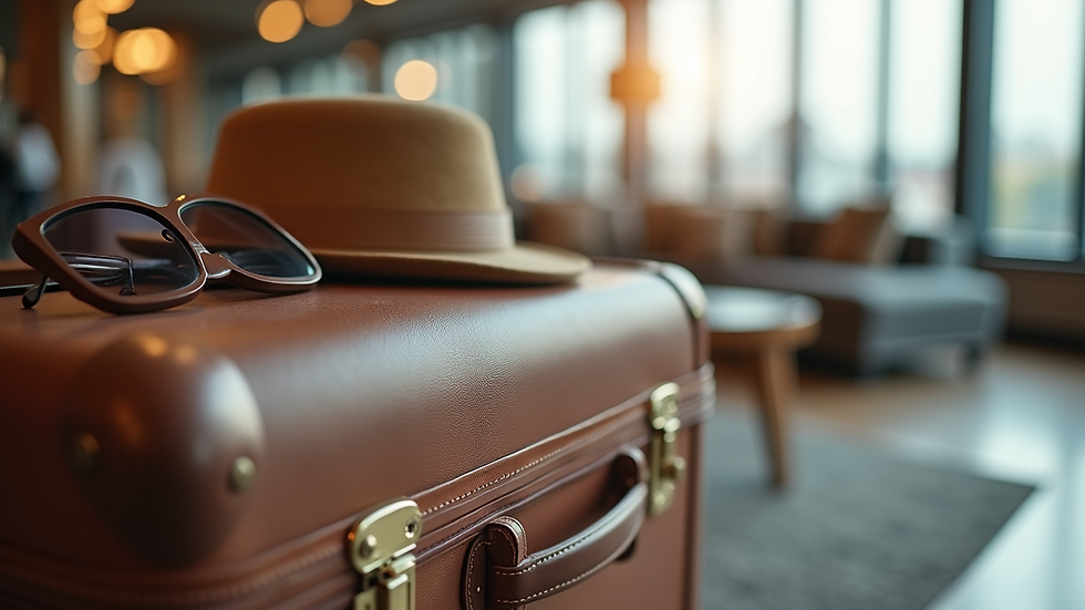 Close-up view of a luxury travel suitcase with travel accessories