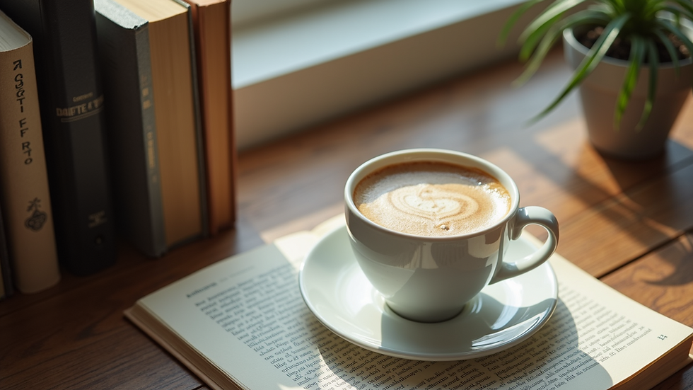 High angle view of a serene workspace with books and a cup of coffee