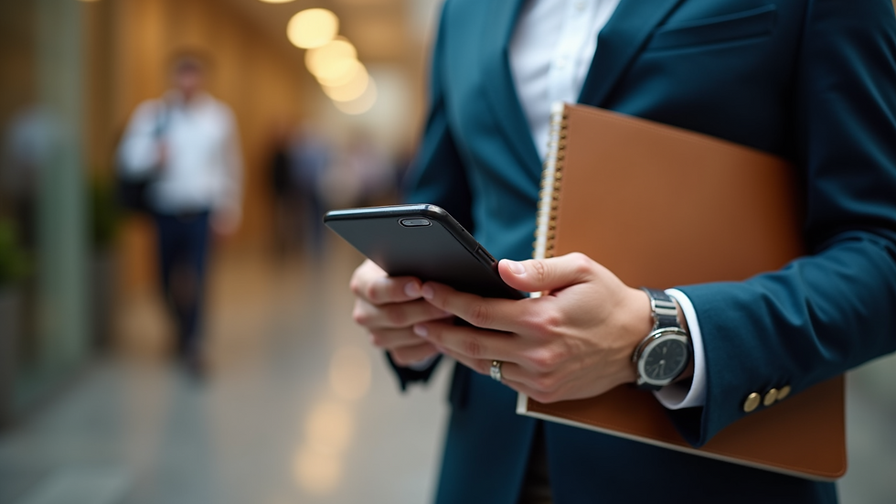 Close-up view of a concierge assistant holding a smartphone and a notebook