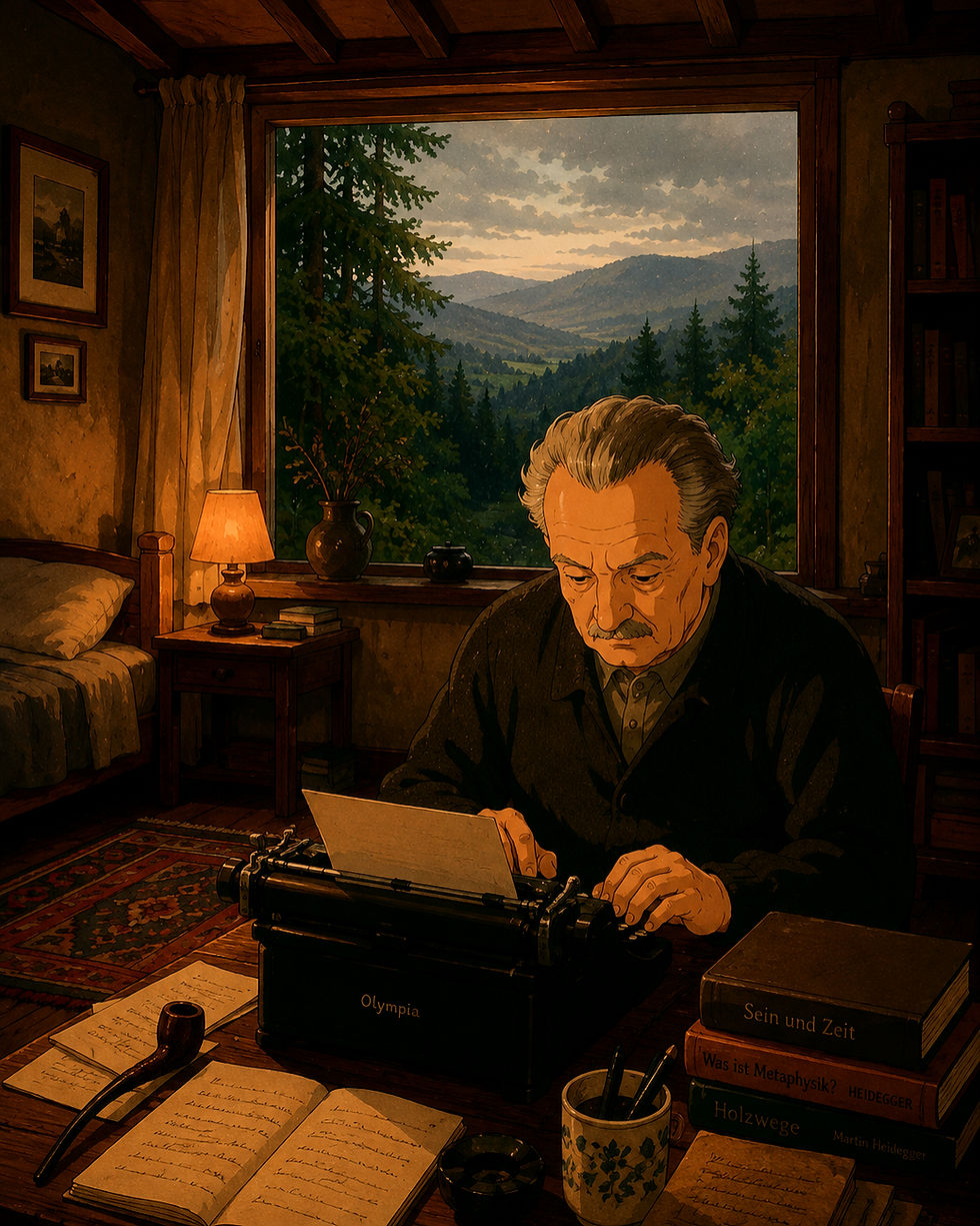 Ilustración de un hombre mayor, similar a un filósofo o escritor, tecleando en una máquina de escribir clásica.