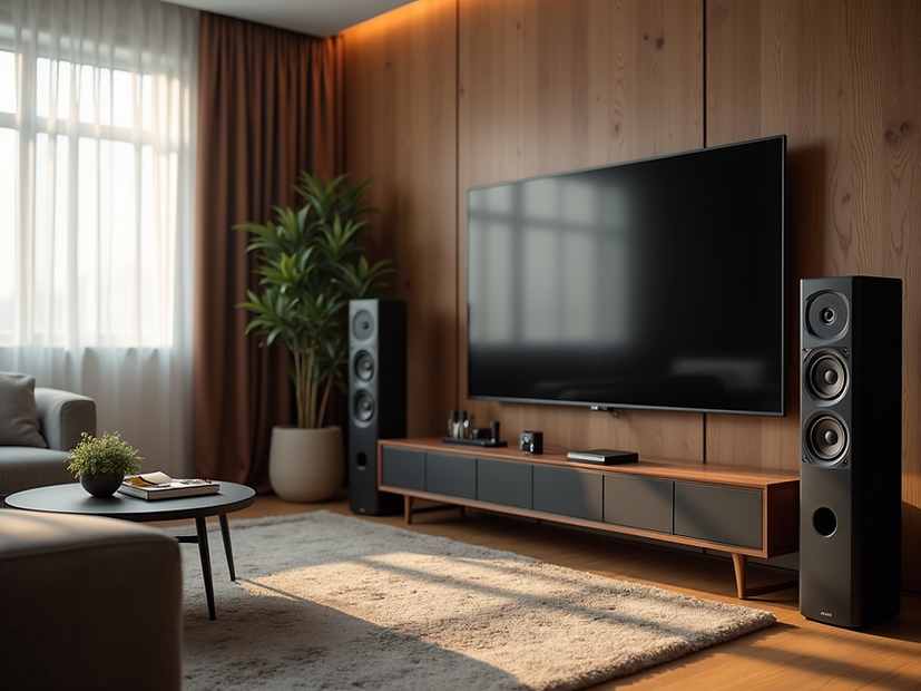 Smart home and home theater installation Ontario in wood-paneled room.