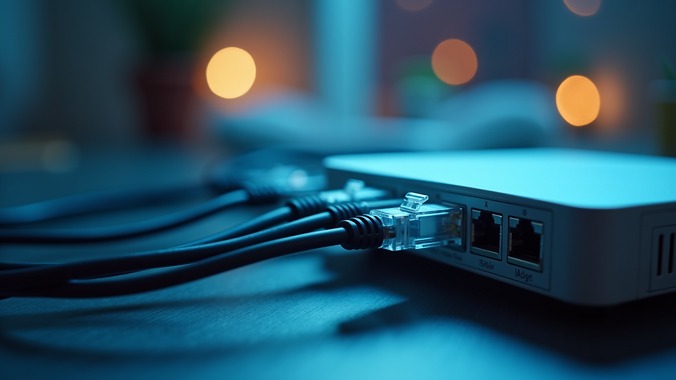 Close-up view of Ethernet cables connected to a smart home hub