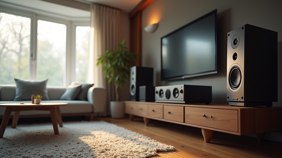 Eye-level view of a modern living room with a stereo sound system setup