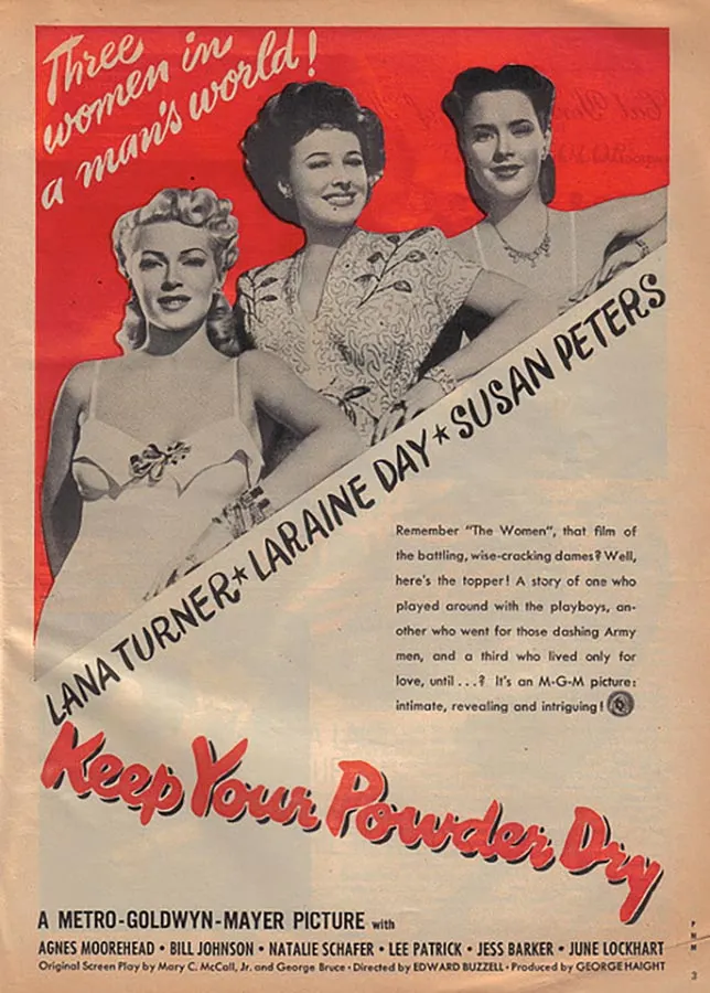 Vintage poster of three glamorous women on red background for Keep Your Powder Dry, starring Lana Turner, Laraine Day, Susan Peters.