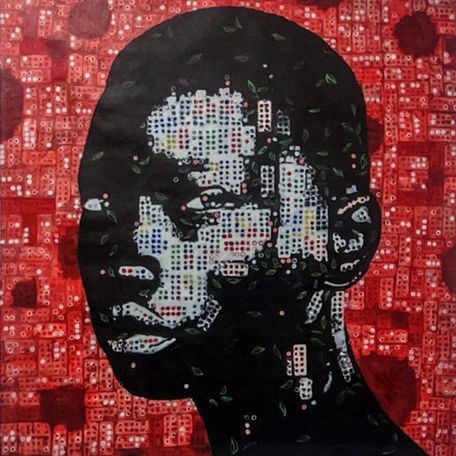 Corps noir et faux médicaments (Black Body and Fake Medicines), acrylic and stapled medicine capsules on wood by Paul Alden Mvoutoukoulou, presented by Mbote Congo Gallery in Los Angeles.