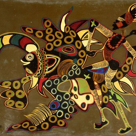 Danseur africain et poisson (African dancer and fish), painting by Congolese artist Marcel Gotène, presented by Mbote Congo Gallery in Los Angeles.