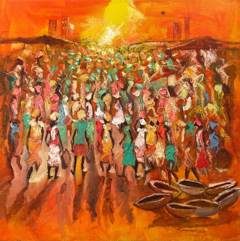 Le marché (The market) painting by Congolese artist Sengamali presented by Mbote Congo Gallery in Los Angeles.